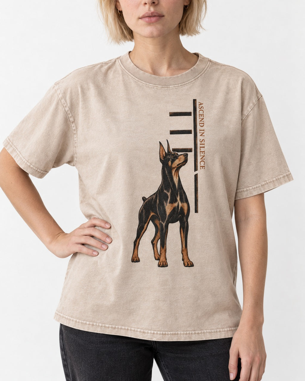 Doberman Ascend in Silence Washed Tee in Apricot, worn by a model, front view