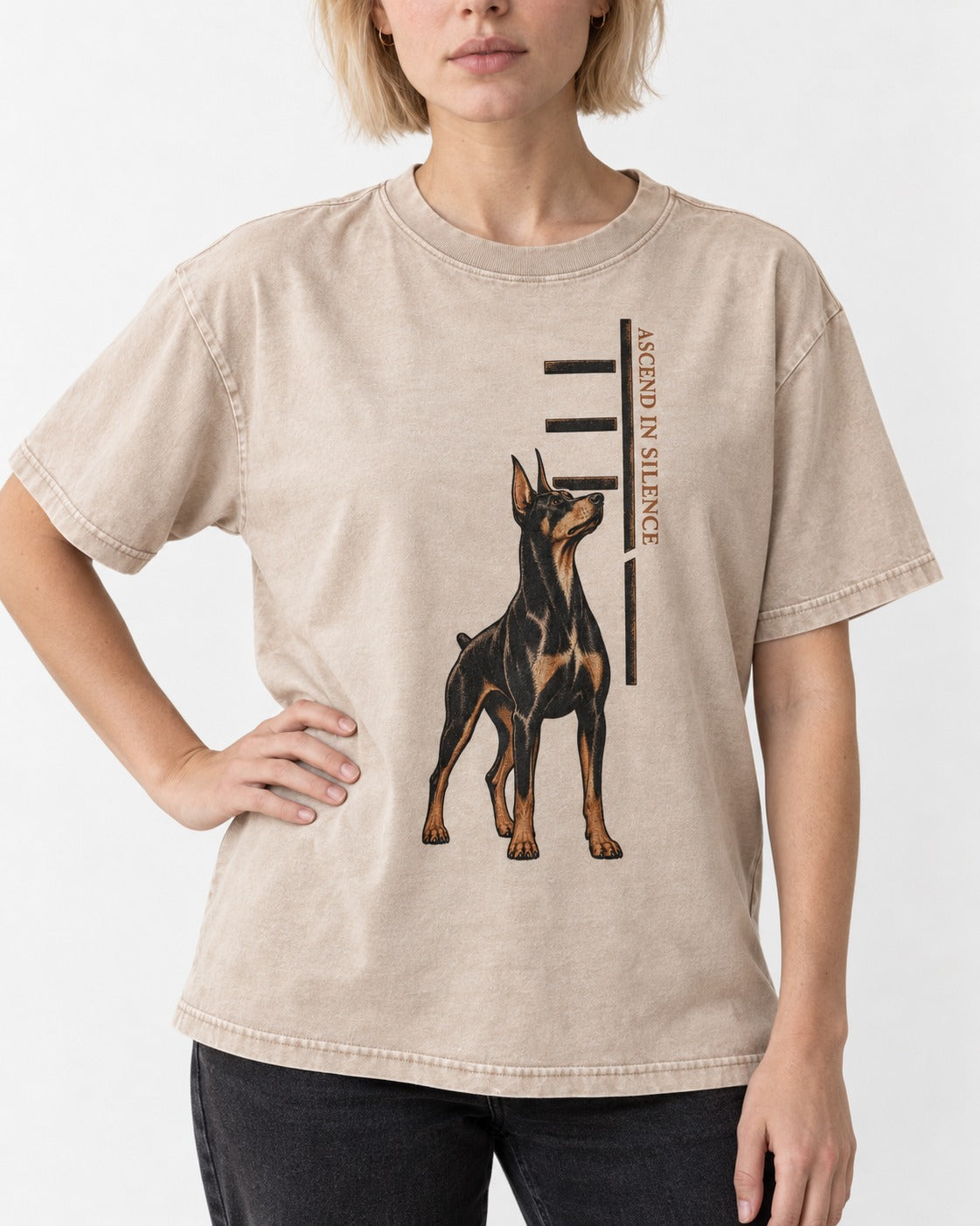 Doberman Ascend in Silence Washed Tee in Apricot, worn by a model, front view