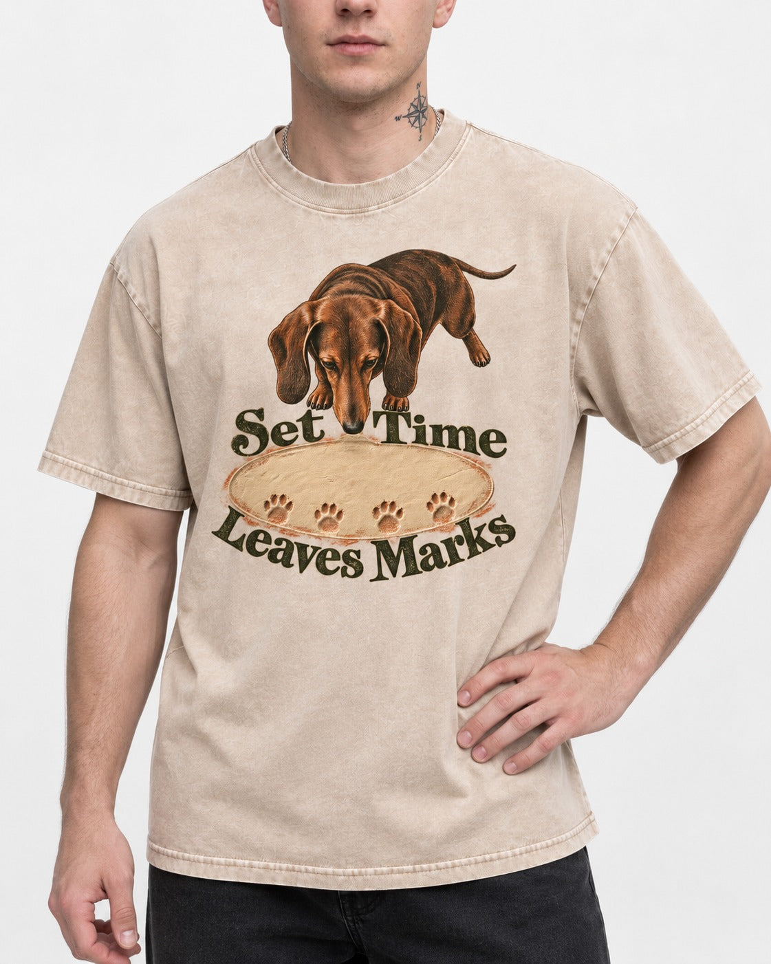Dachshund Time Leaves Marks Washed Tee in Apricot, worn by a model, front view