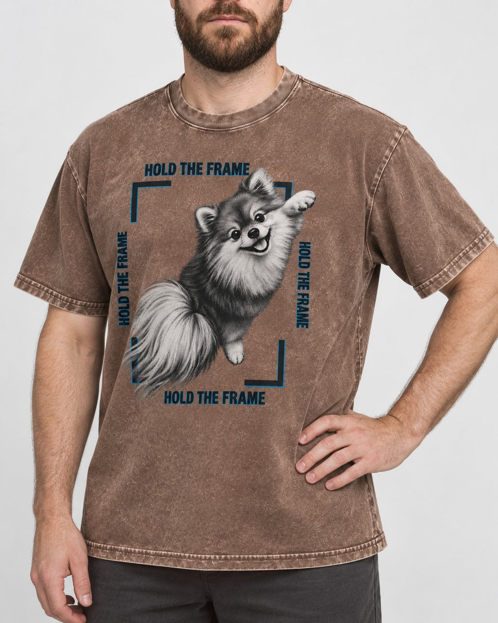 Hold the Frame Pomeranian Washed Tee in Coffee, worn by a model, front view