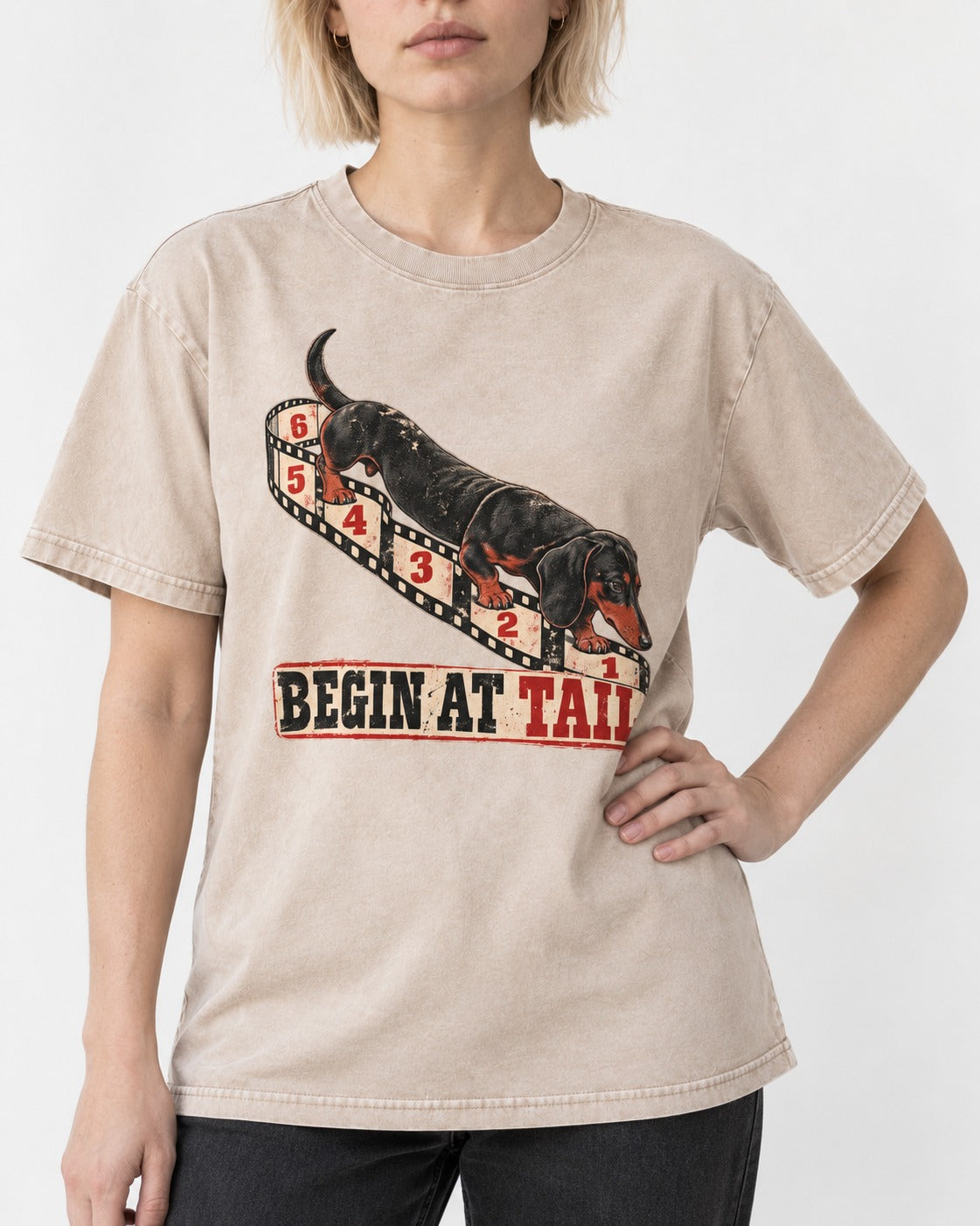 Begin at Tail Dachshund Washed Tee in Apricot, worn by a model, front view