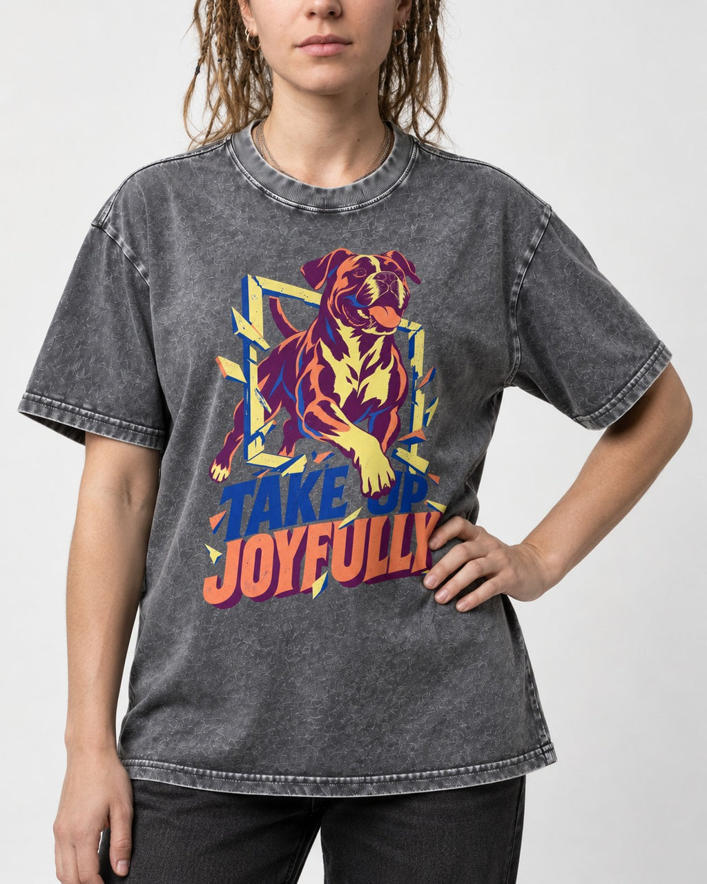 Take Up Joyfully Boxer Breakthrough Graphic Washed Tee in Gray, worn by a model, front view