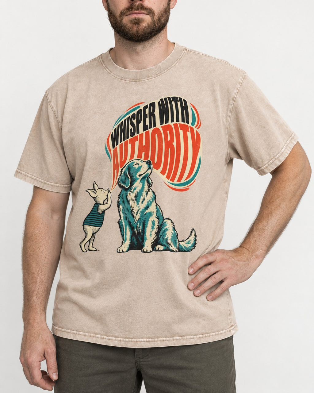 Golden Retriever Whisper with Authority Washed Tee in Apricot, worn by a model, front view