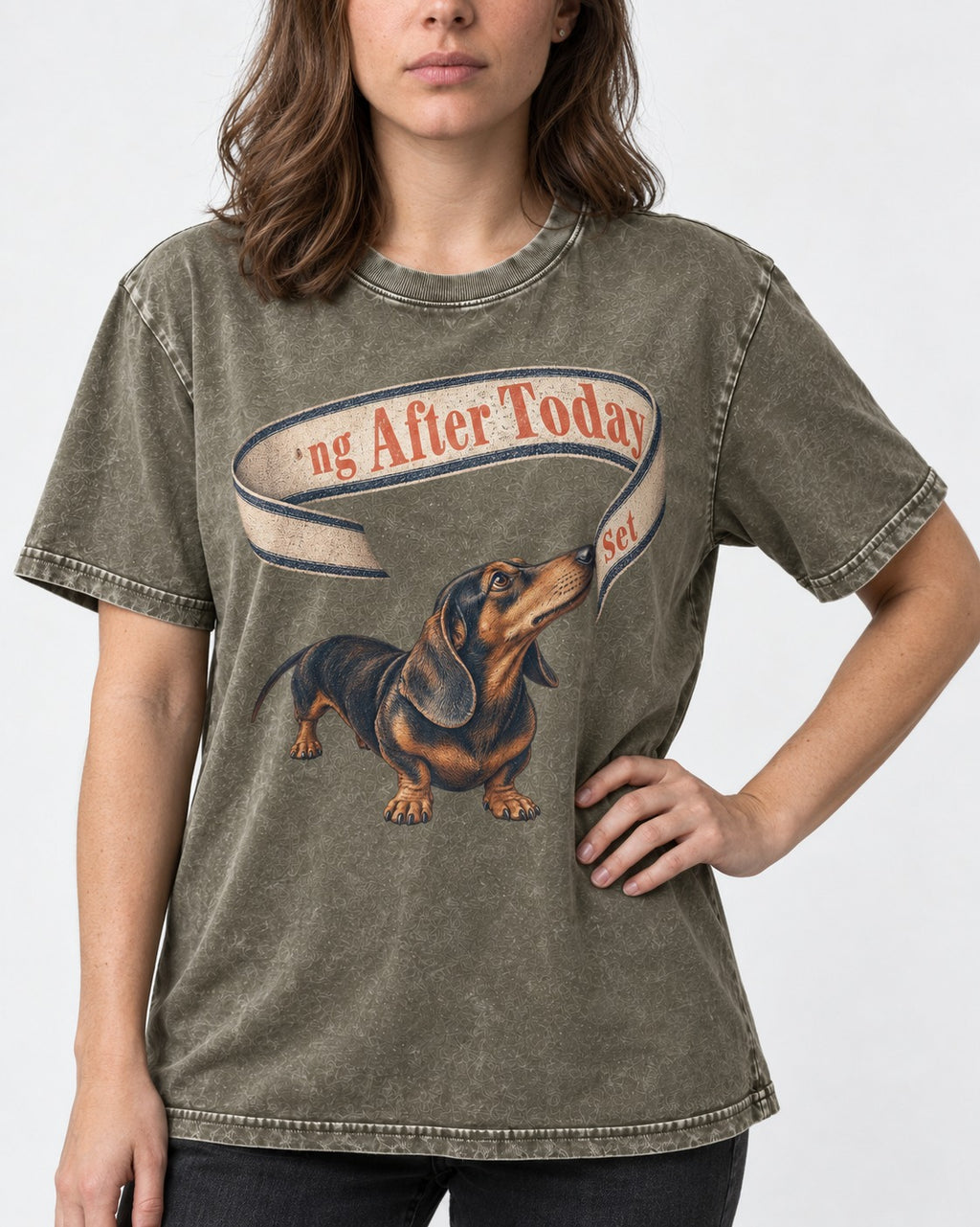 Dachshund ng After Today Set Ribbon Graphic Washed Tee in Army Green, worn by a model, front view