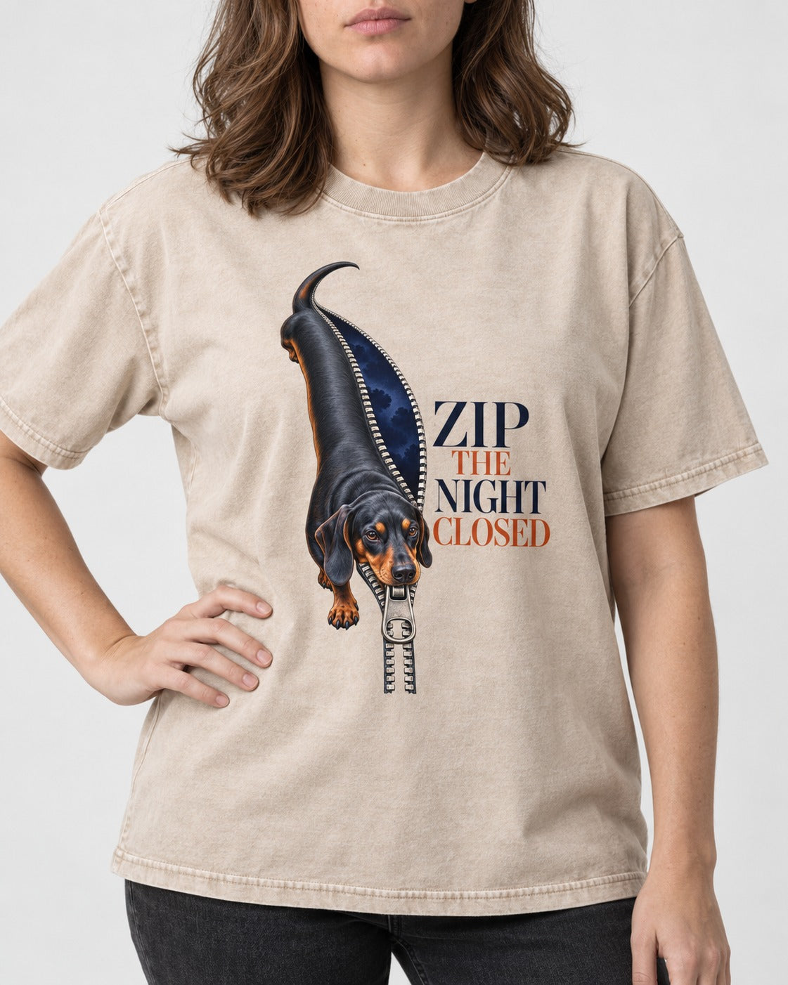 Zip the Night Closed Dachshund Washed Tee in Apricot, worn by a model, front view