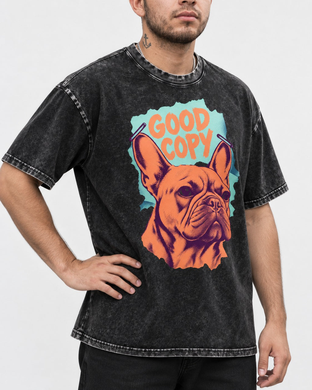 Frenchie Good Copy Stapled Zine Graphic Washed Tee in Black, worn by a model, front view