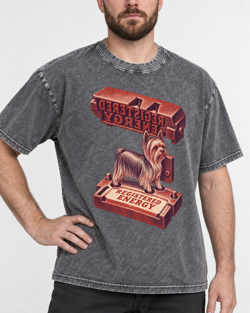Yorkshire Terrier Registered Energy Stamp Press Graphic Washed Tee in Gray, worn by a model, front view