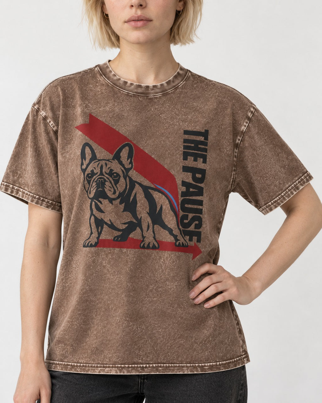 The Frenchie Pause Washed Tee in Coffee, worn by a model, front view