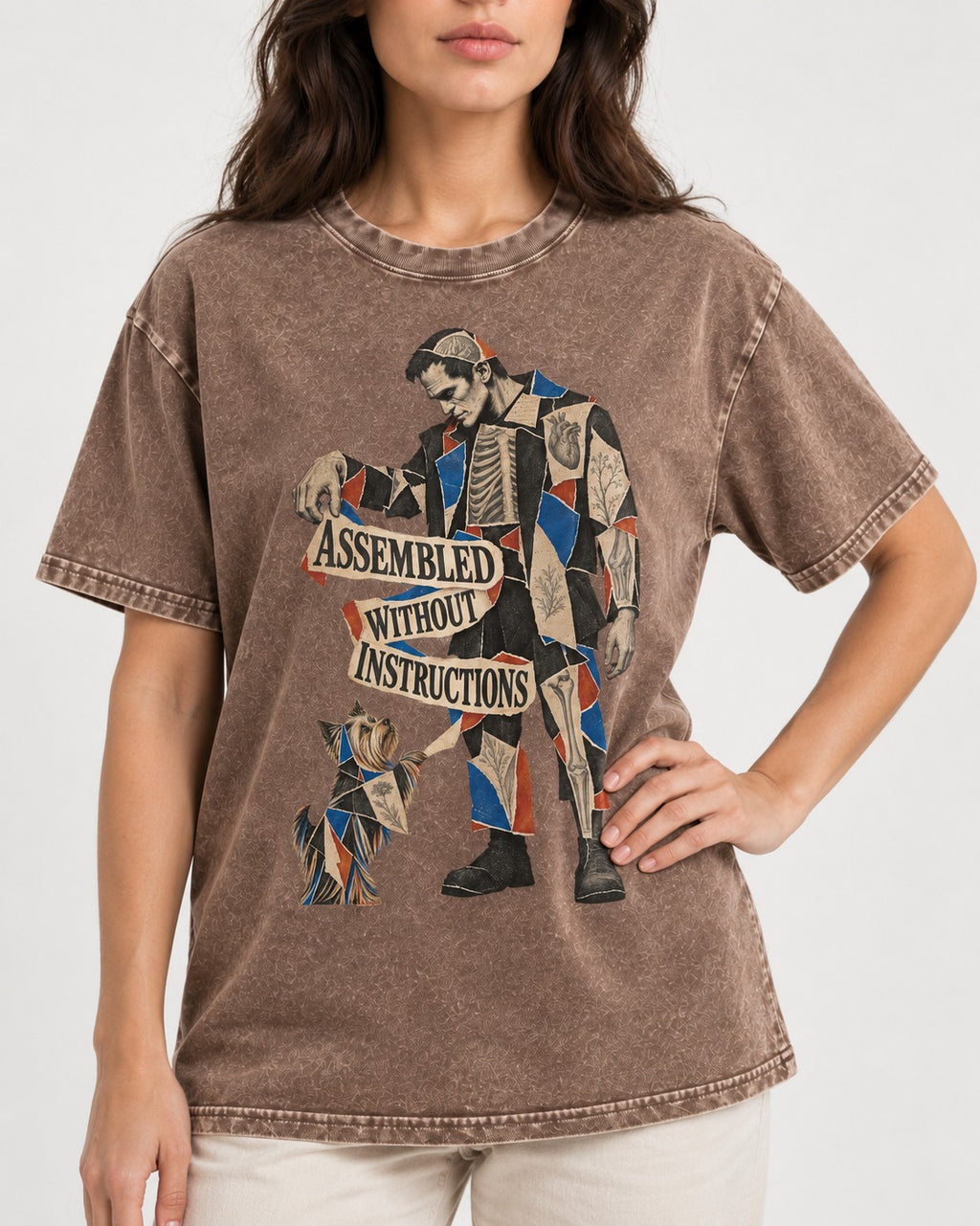 Yorkshire Terrier Assembled Without Instructions Washed Tee in Coffee, worn by a model, front view