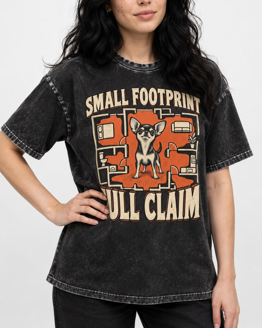 Chihuahua Small Footprint Full Claim Floor Plan Graphic Washed Tee in Black, worn by a model, front view
