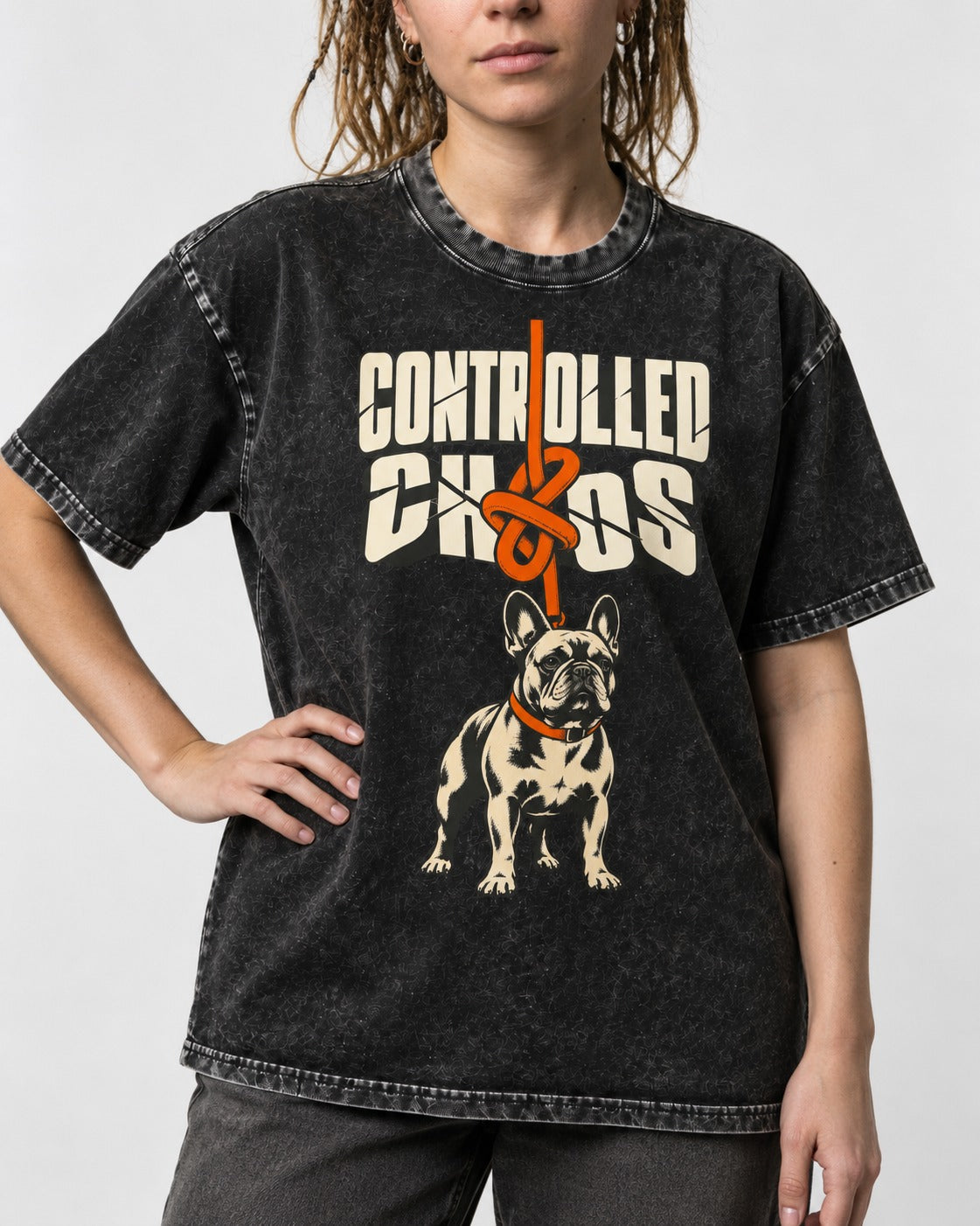 Frenchie Controlled Chaos Leash Knot Graphic Washed Tee in Black, worn by a model, front view