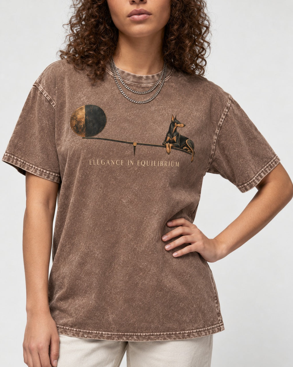 Doberman Elegance in Equilibrium Balance Graphic Washed Tee in Coffee, worn by a model, front view