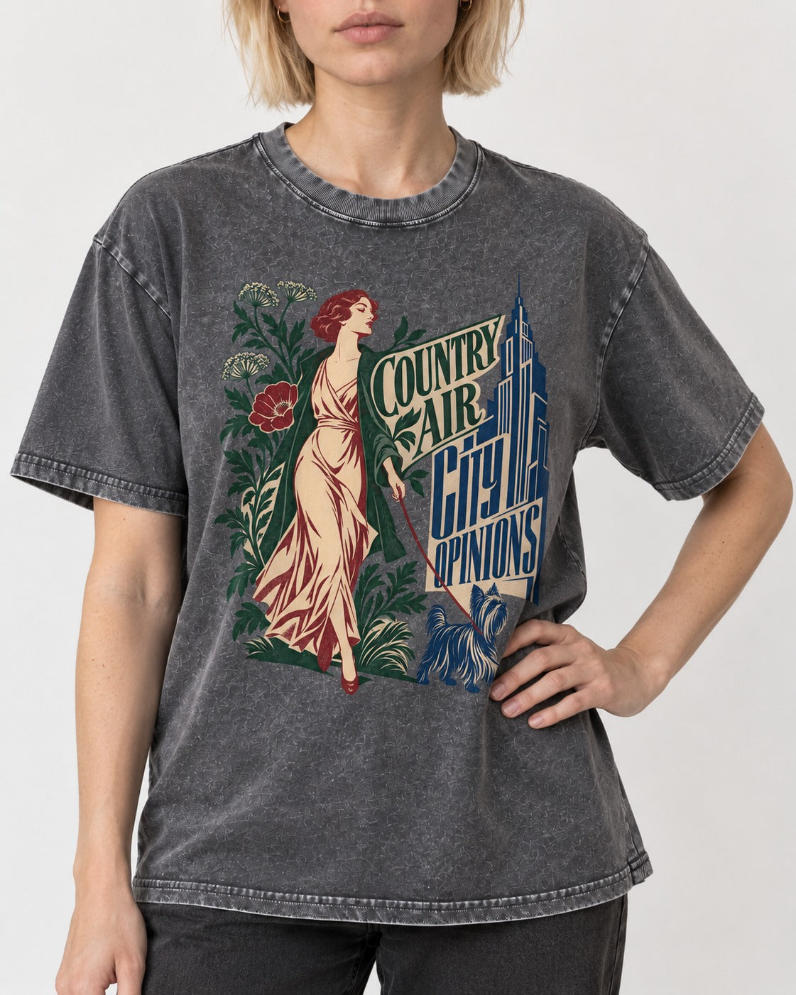Yorkshire Terrier Country Air City Opinions Botanical Graphic Washed Tee in Gray, worn by a model, front view