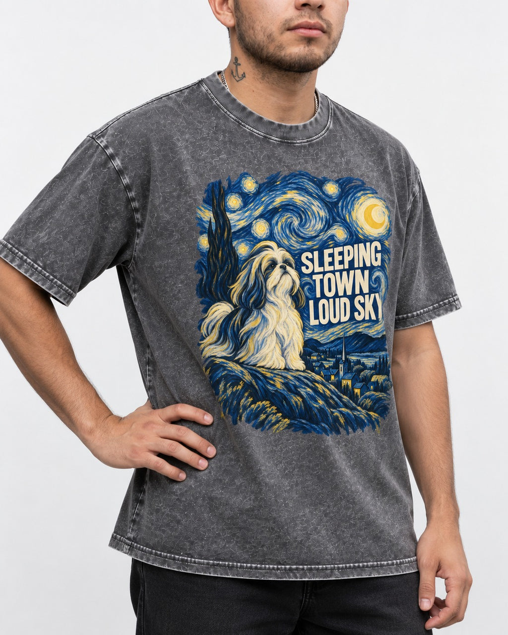 Shih Tzu Sleeping Town Loud Sky Swirling Night Graphic Washed Tee in Gray, worn by a model, front view