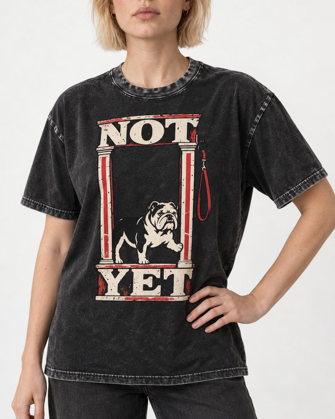 English Bulldog Not Yet Doorway Graphic Washed Tee in Black, worn by a model, front view