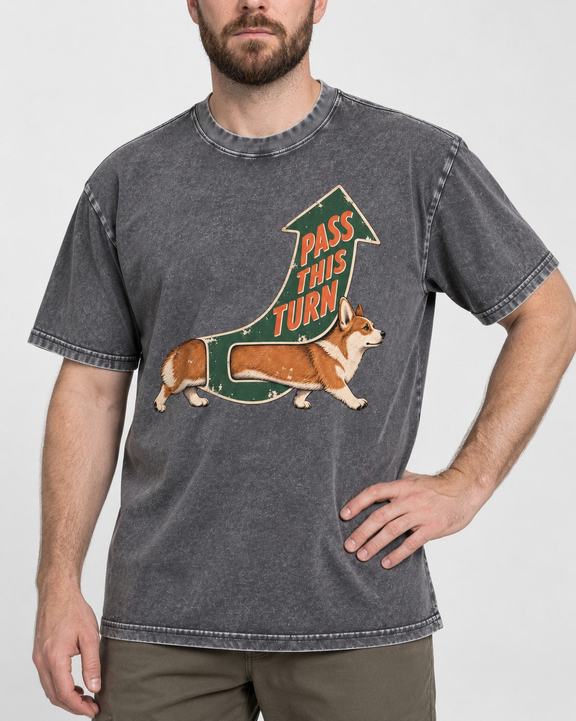 Corgi Pass This Turn Washed Tee in Gray, worn by a model, front view