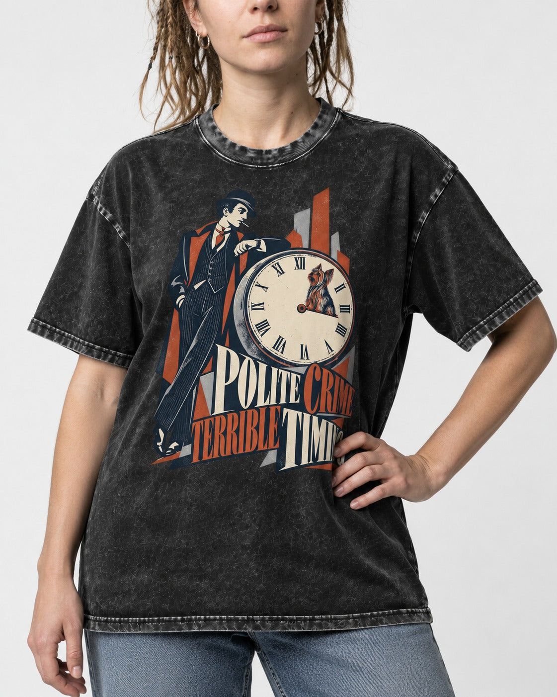Yorkshire Terrier Polite Crime Terrible Timing Art Deco Clock Graphic Washed Tee in Black, worn by a model, front view