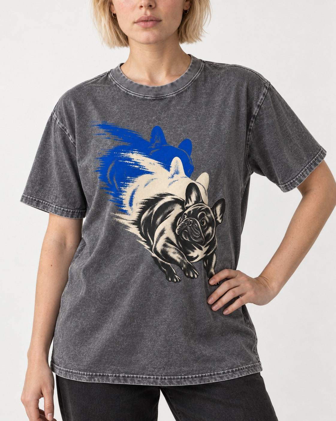 Frenchie Blue Brush Zoomie Graphic Washed Tee in Gray, worn by a model, front view