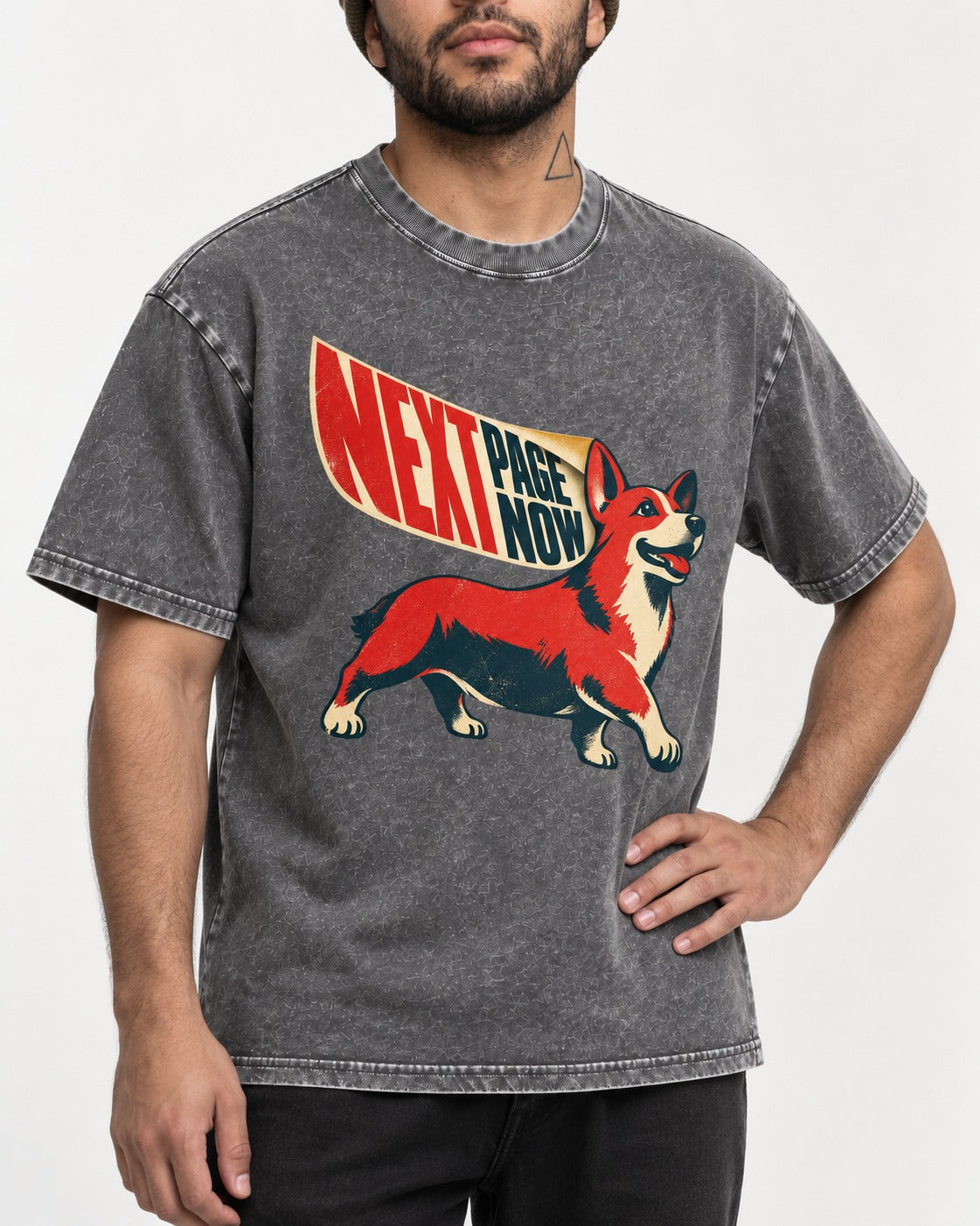 Corgi Next Page Now Pennant Graphic Washed Tee in Gray, worn by a model, front view