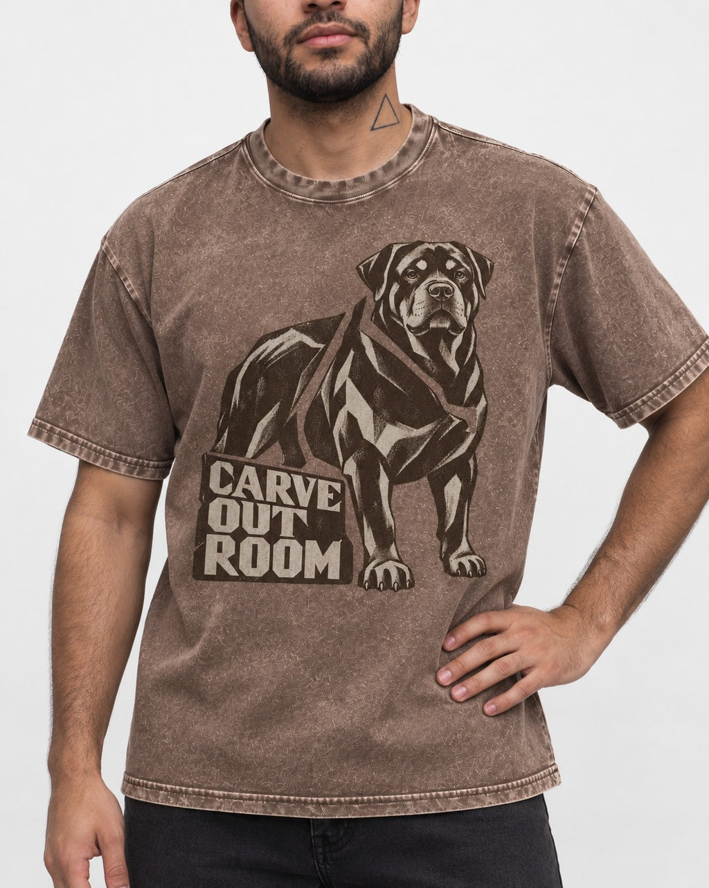 Carve Out Room for Rottweiler Washed Tee in Coffee, worn by a model, front view