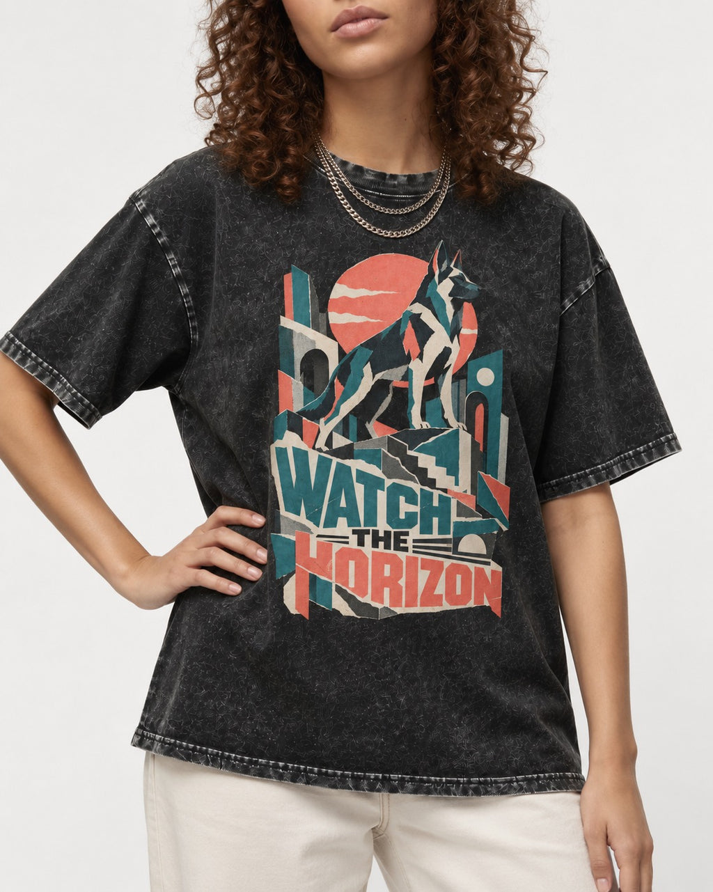 Watch The Horizon Cut Paper Cityscape German Shepherd Dog Graphic Washed Tee in Black, worn by a model, front view