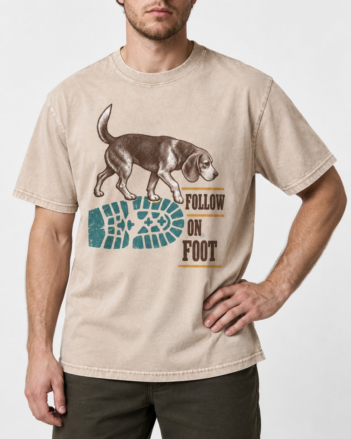 Follow the Beagle on Foot Washed Tee in Apricot, worn by a model, front view
