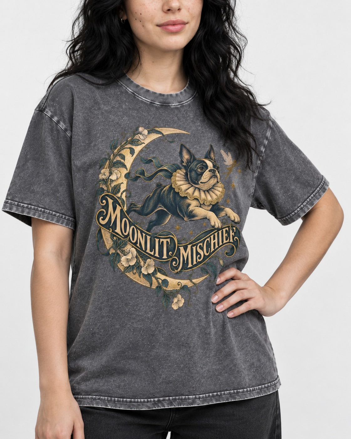Boston Terrier Moonlit Mischief Washed Tee in Gray, worn by a model, front view
