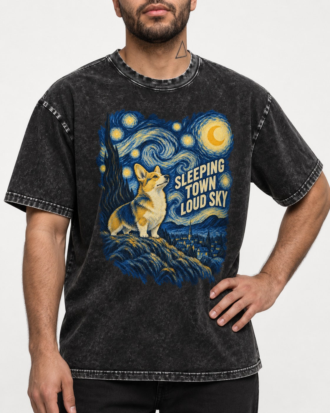 Corgi Sleeping Town Loud Sky Starry Night Washed Tee in Black, worn by a model, front view