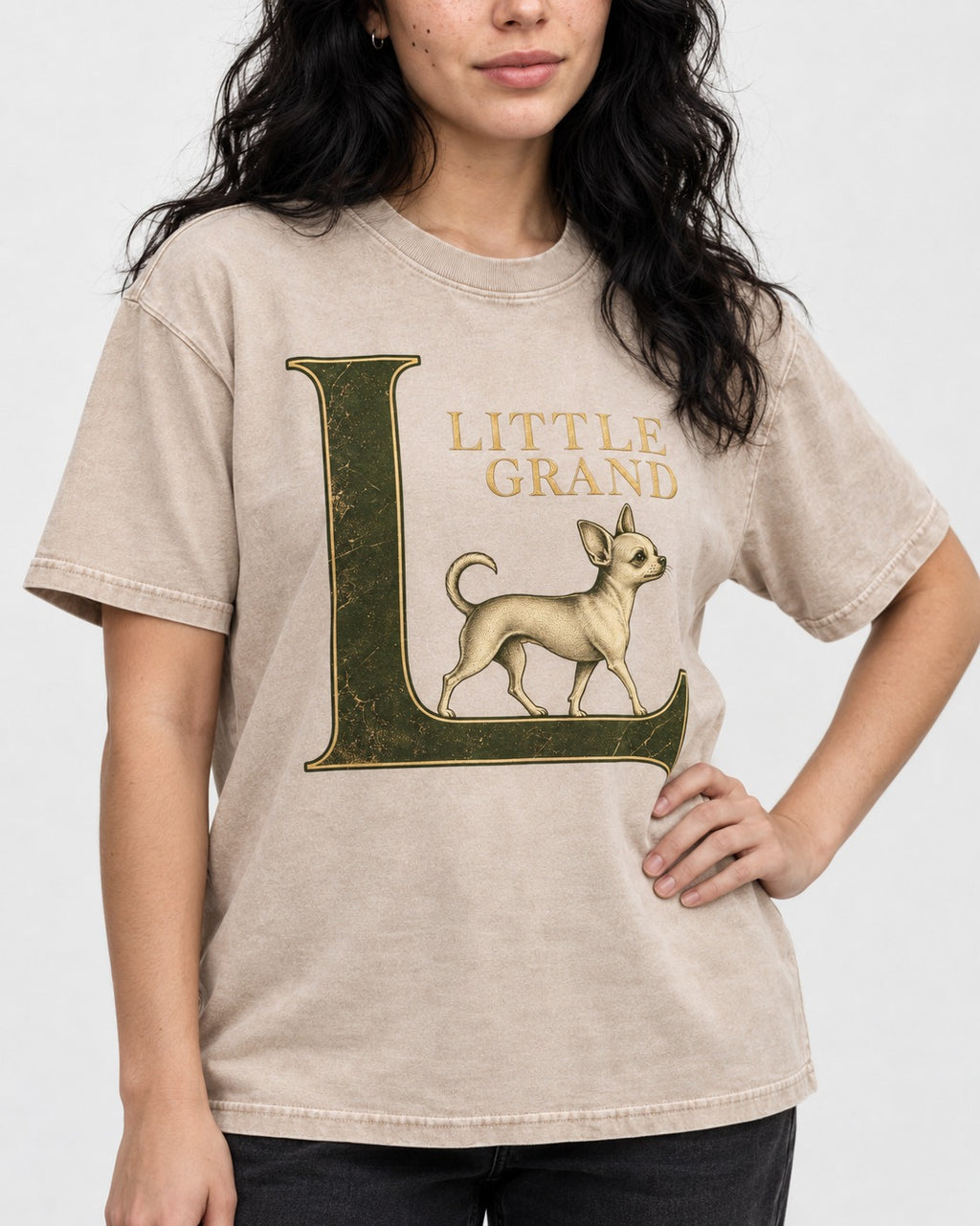 Little Grand Chihuahua Washed Tee in Apricot, worn by a model, front view