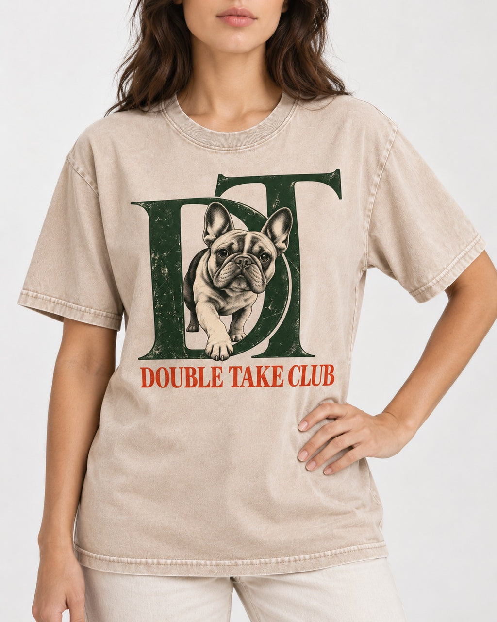 Frenchie Double Take Club Washed Tee in Apricot, worn by a model, front view
