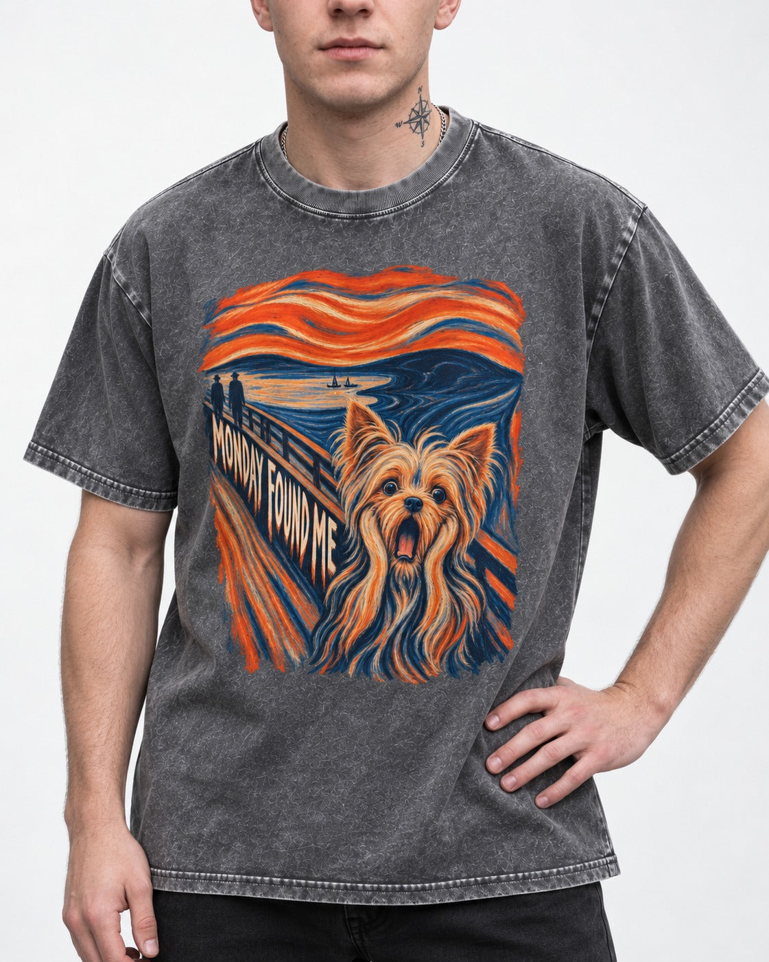 Yorkshire Terrier Monday Found Me Scream Parody Graphic Washed Tee in Gray, worn by a model, front view