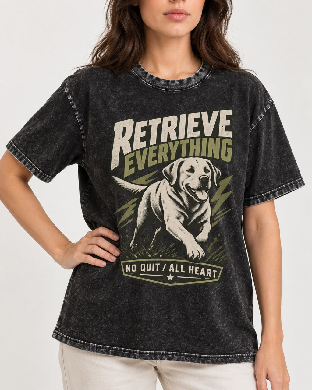 Labrador Retriever Retrieve Everything No Quit All Heart Running Graphic Washed Tee in Black, worn by a model, front view