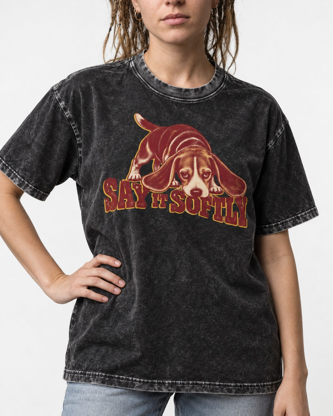 Beagle Say It Softly Washed Tee in Black, worn by a model, front view