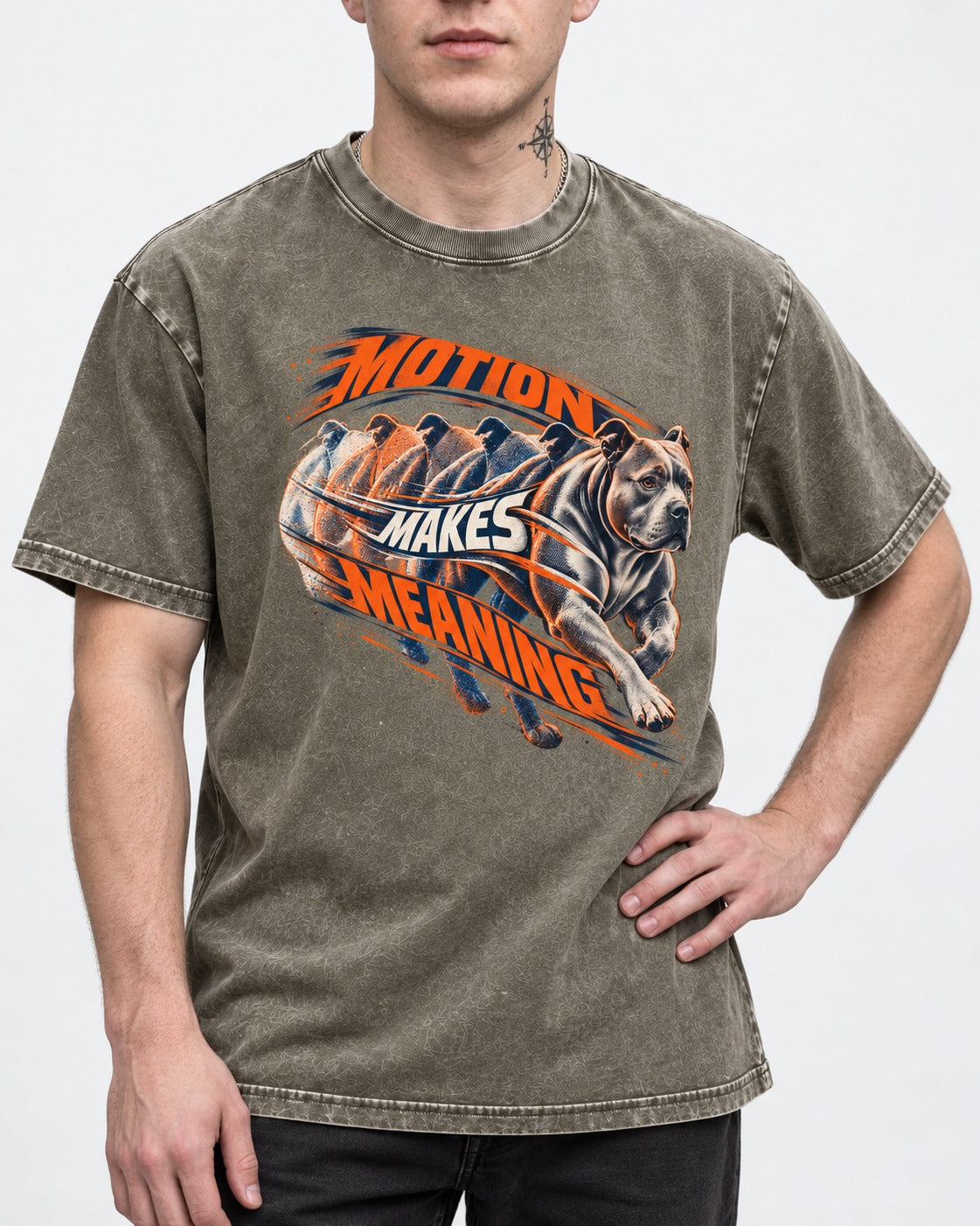Pitbull Motion Makes Meaning Running Dog Graphic Washed Tee in Army Green, worn by a model, front view