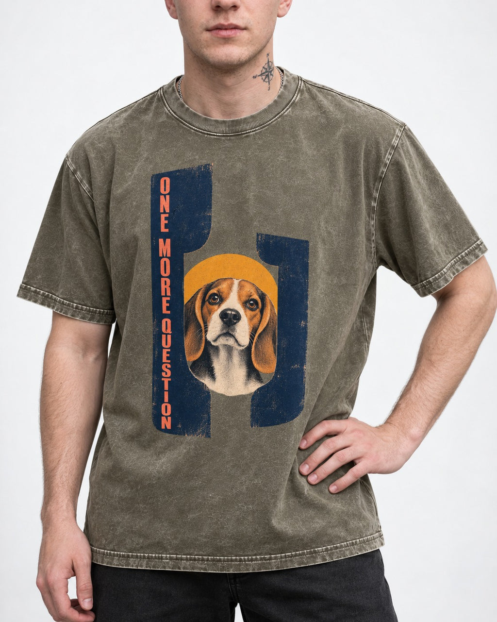 One More Question Beagle Modernist Washed Tee in Army Green, worn by a model, front view