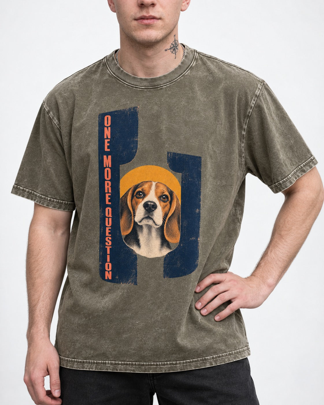 One More Question Beagle Modernist Washed Tee in Army Green, worn by a model, front view