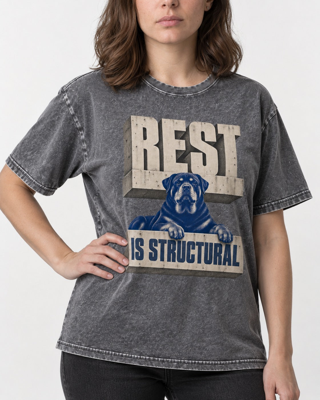 Rottweiler Rest Is Structural Architectural Type Graphic Washed Tee in Gray, worn by a model, front view
