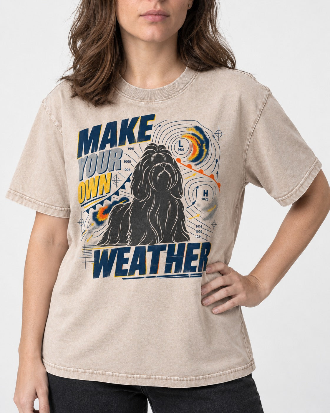 Shih Tzu Make Your Own Weather Washed Tee in Apricot, worn by a model, front view