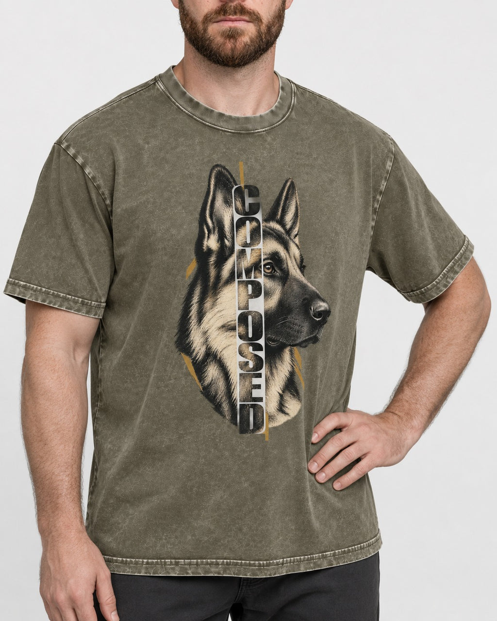 Composed Profile German Shepherd Dog Graphic Washed Tee in Army Green, worn by a model, front view