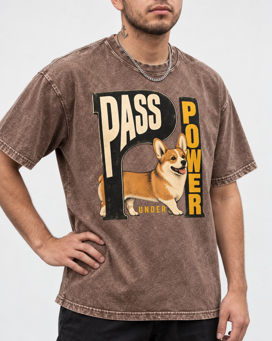 Corgi Power Washed Tee in Coffee, worn by a model, front view