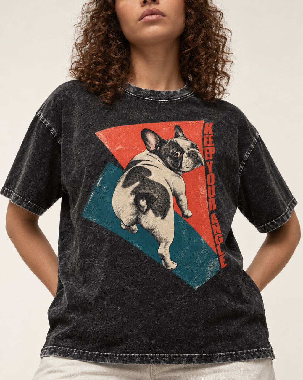 Frenchie Keep Your Angle Geometric Graphic Washed Tee in Black, worn by a model, front view