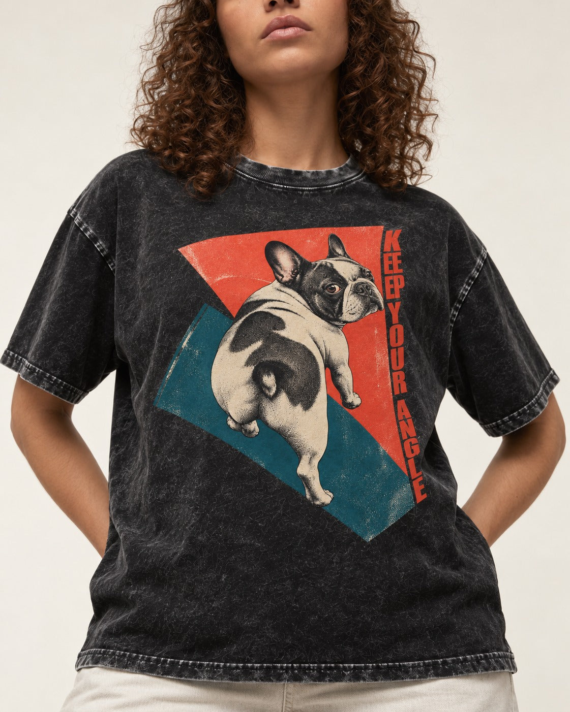 Frenchie Keep Your Angle Geometric Graphic Washed Tee in Black, worn by a model, front view