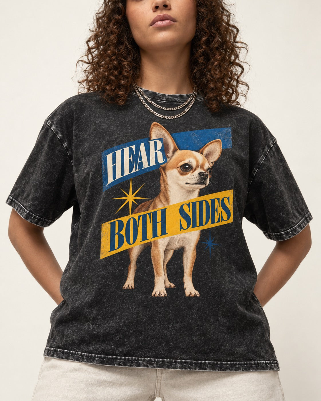 Chihuahua Hear Both Sides Banner Graphic Washed Tee in Black, worn by a model, front view