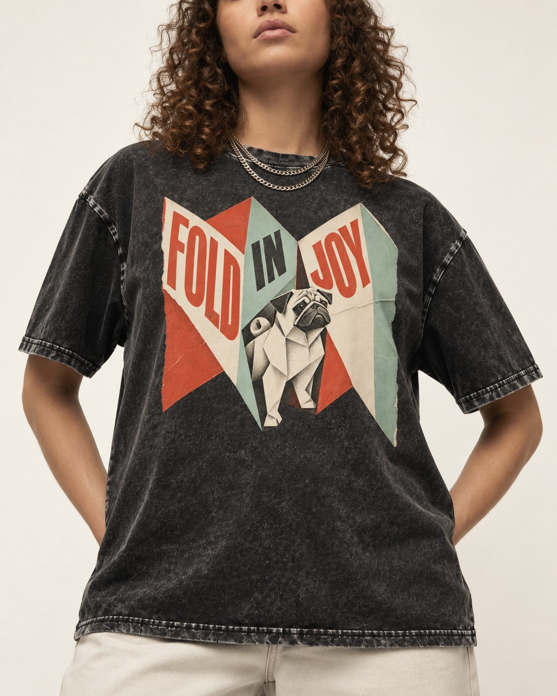 Pug Fold in Joy Geometric Poster Graphic Washed Tee in Black, worn by a model, front view