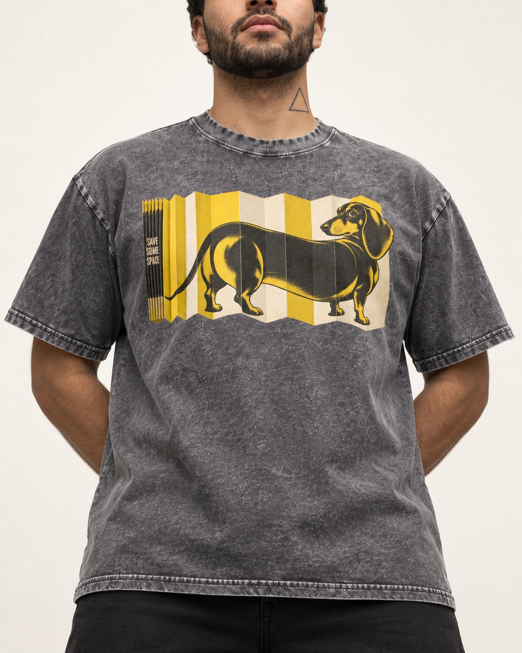 Dachshund Save Some Space Accordion Screen Graphic Washed Tee in Gray, worn by a model, front view