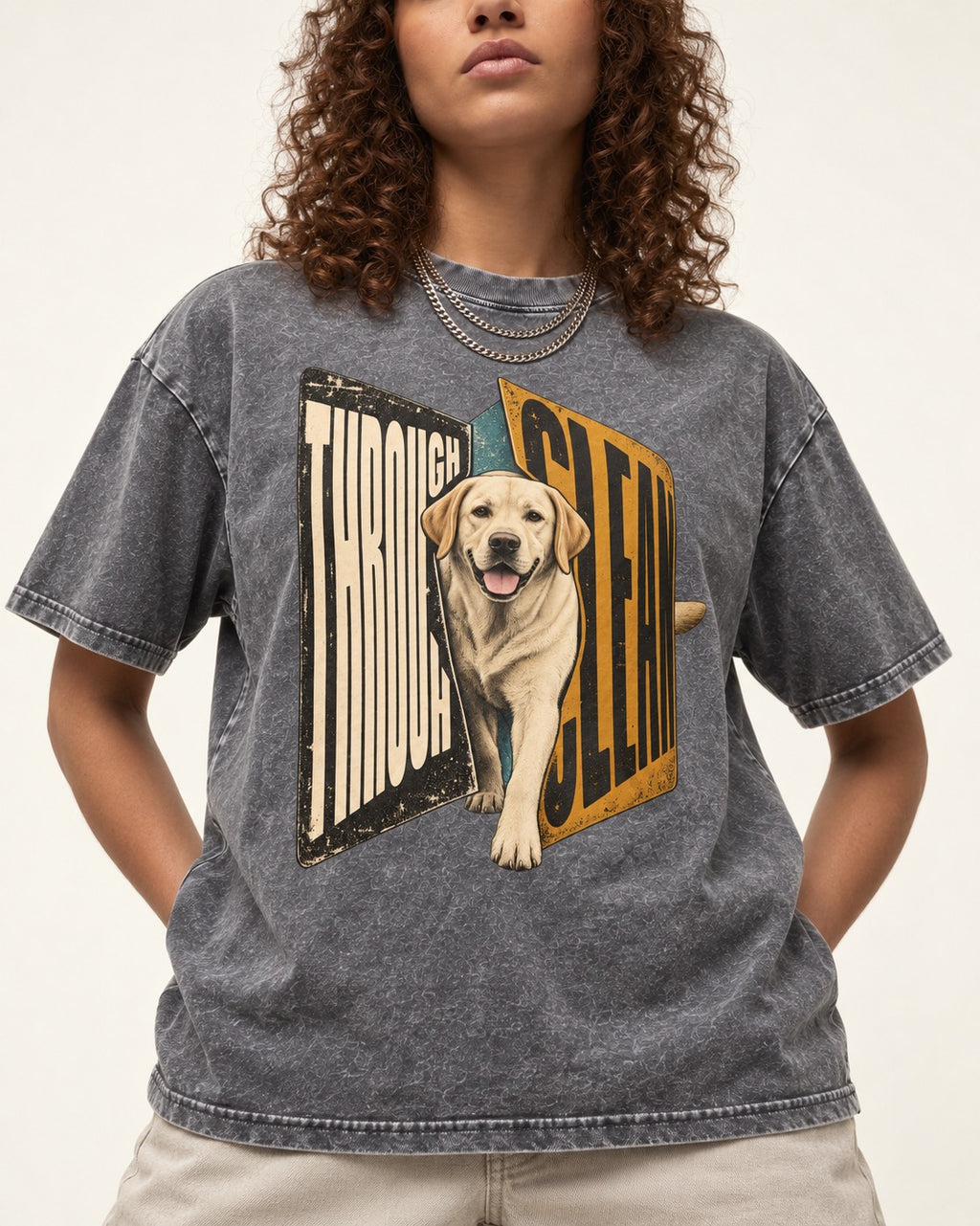 Labrador Retriever Through Steel Split Sign Graphic Washed Tee in Gray, worn by a model, front view