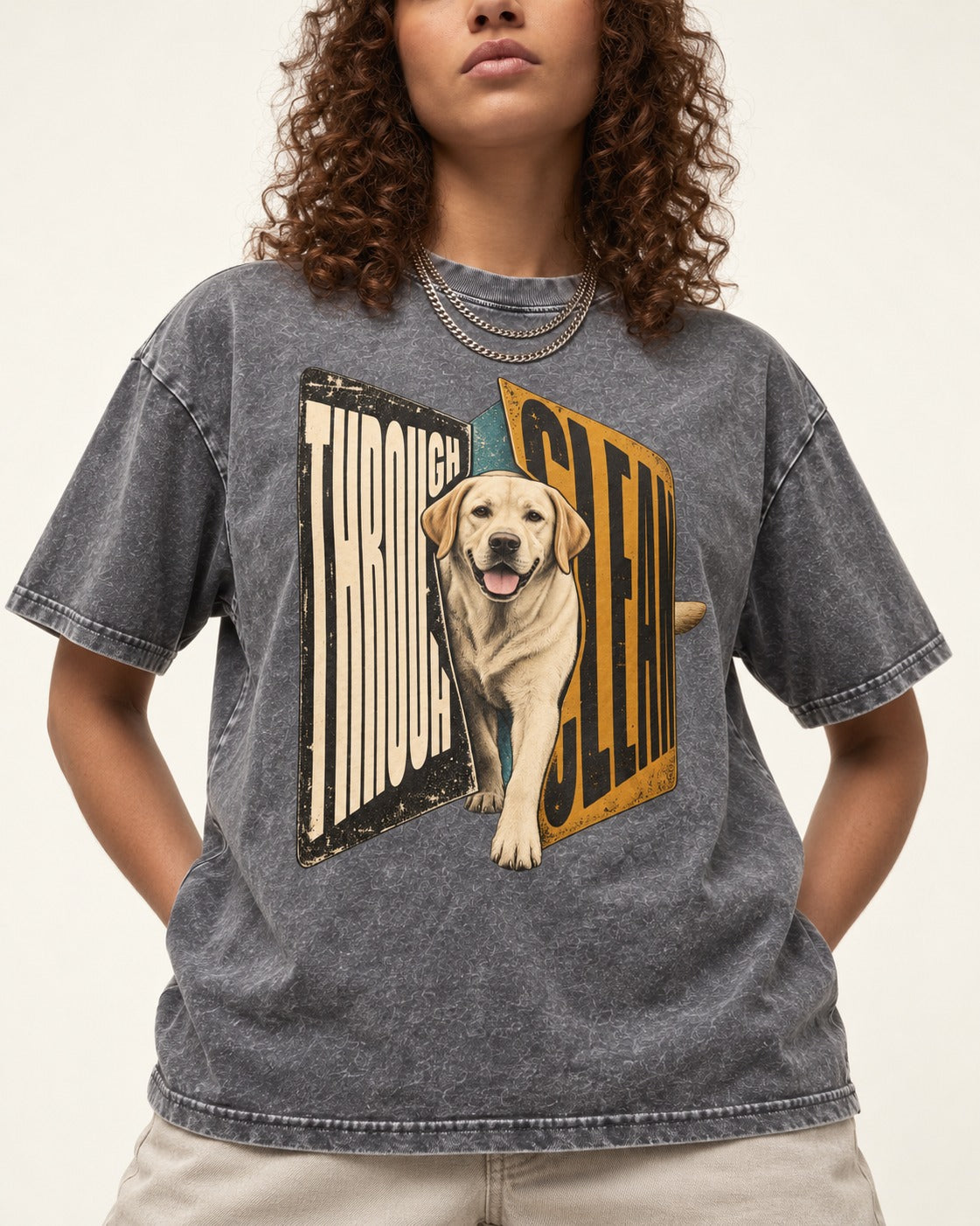 Labrador Retriever Through Steel Split Sign Graphic Washed Tee in Gray, worn by a model, front view
