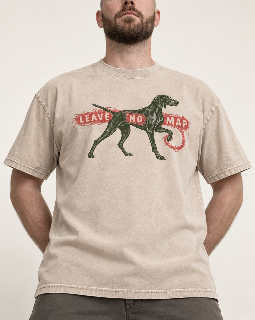 Leave No Map German Shorthaired Pointer Washed Tee in Apricot, worn by a model, front view