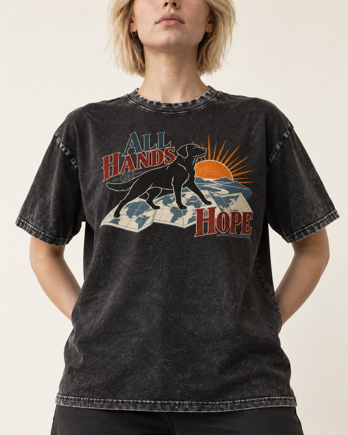 Labrador Retriever All Hands on Hope Map Sunrise Graphic Washed Tee in Black, worn by a model, front view