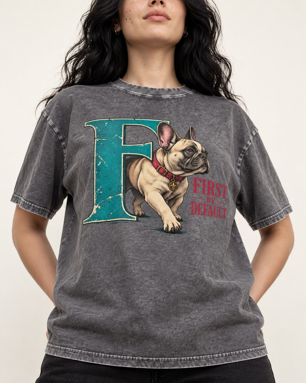 Frenchie First by Default Teal F Graphic Washed Tee in Gray, worn by a model, front view